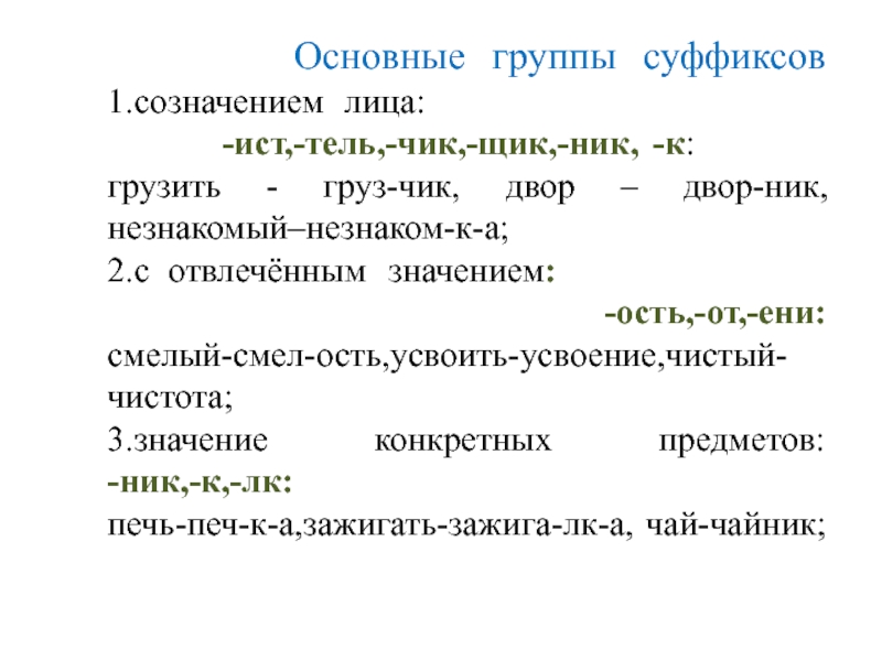 Суффикс тель. Основные группы суффиксов. Существительные с суффиксом ник. Суффикс Ени в существительных. Коллектив суффикс.