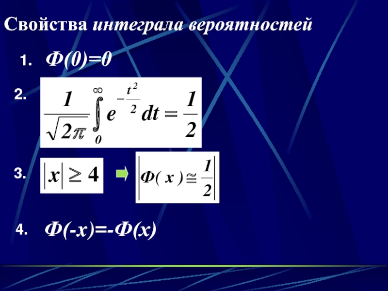 Свойства интеграла вероятностей 1. 2. 4. Ф(0)=0 Ф(-x)=-Ф(х)3.