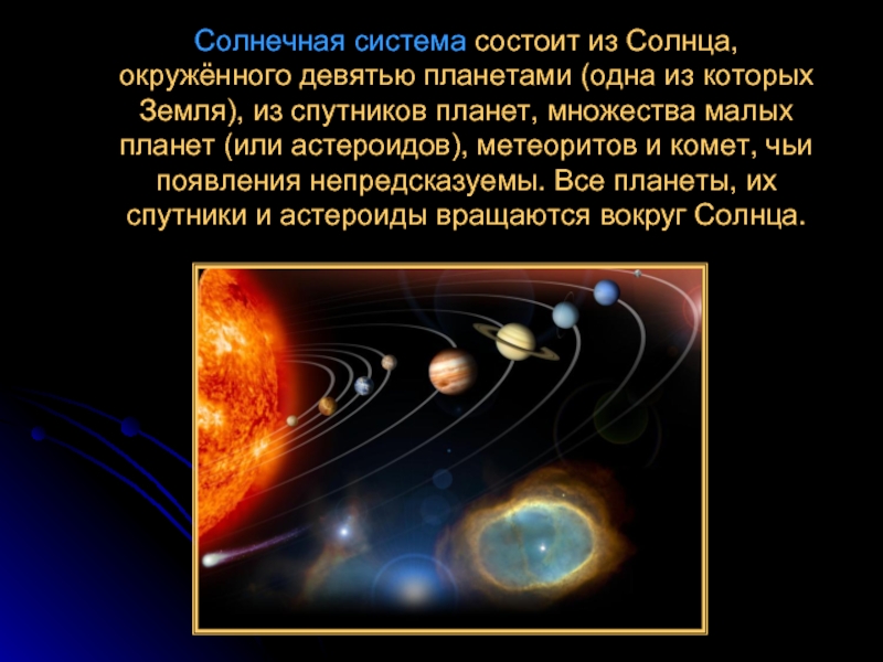 Солнечная система состоит из Солнца, окружённого девятью планетами (одна из которых Земля), из спутников планет, множества малых