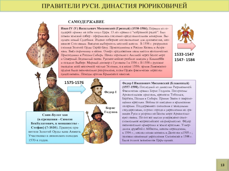 Иван IV (V) Васильевич Московский (Грозный) (1530-1584). Первым из го- сударей принял на себя титул Царя. 13