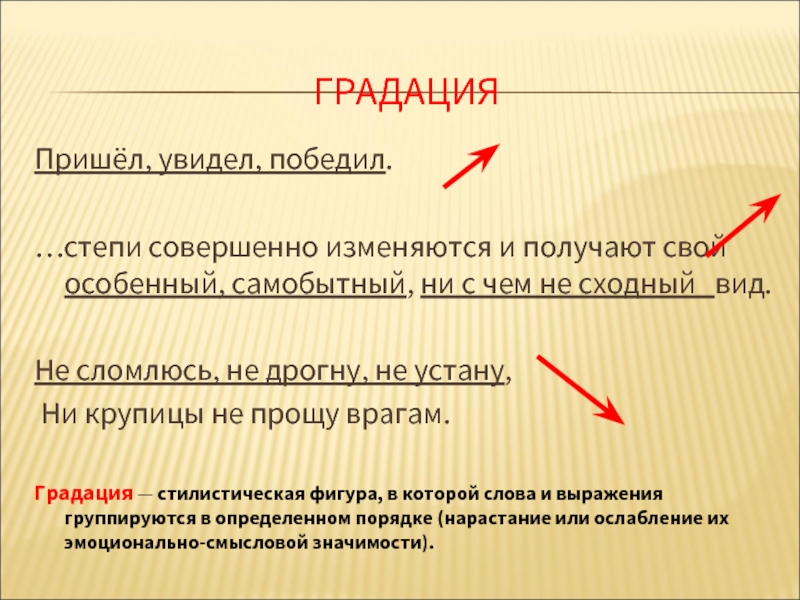 Прийти увидеть победить. Пришел увидел победил средство выразительности. Пришёл увидел победил троп. Градация пришел увидел победил. Градация это троп.