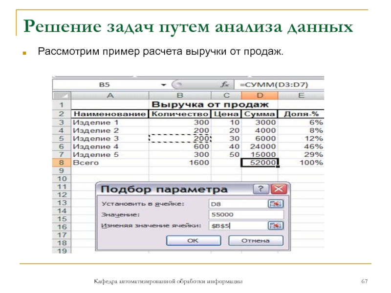 Решение задач путем анализа данныхРассмотрим пример расчета выручки от продаж.Кафедра автоматизированной обработки информации