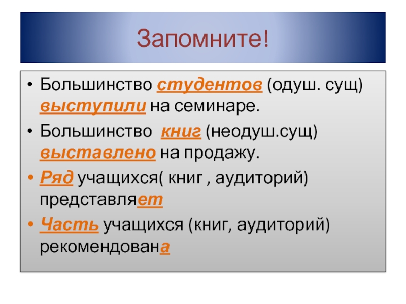 Запомните!Большинство студентов (одуш. сущ) выступили на семинаре.Большинство книг (неодуш.сущ) выставлено на продажу.Ряд учащихся( книг , аудиторий)представляет Часть