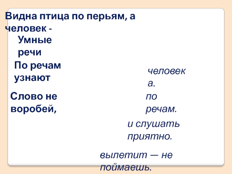 Умные речи. Видна птица по перьям а человек по речам. Слово не Воробей части речи. Видна птица по перьям а человек по речам значение пословицы.