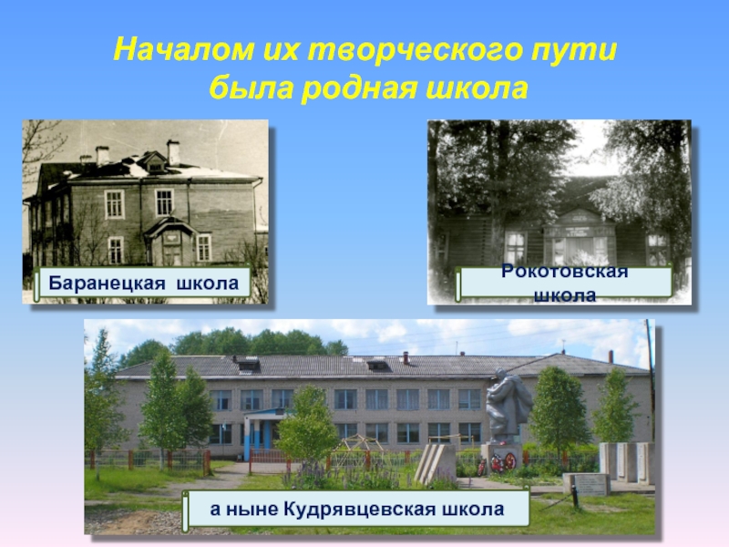 Началом их творческого пути  была родная школаБаранецкая школаРокотовская школаа ныне Кудрявцевская школа