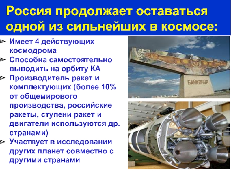 Имеет 4 действующих космодрома Способна самостоятельно выводить на орбиту КА Производитель ракет и комплектующих (более 10% от