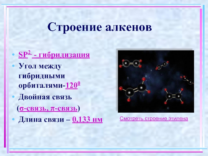 Связи алкенов. Алкены sp2 гибридизация. Строение двойной связи алкенов. Строение алкенов. Алкены строение.