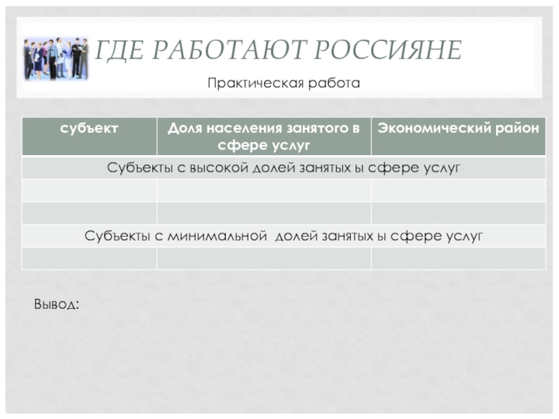 Ресурс 9. Где работают россияне. Кем работают россияне. Субъект,доля населения занятого в сфере услуг,экономический район. Где работают россияне статистика.