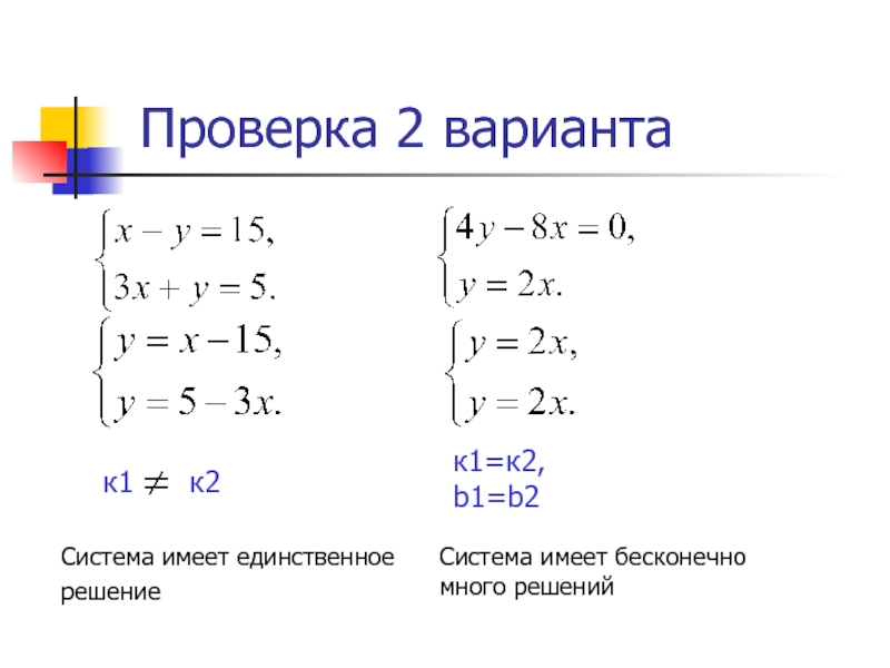 Проверка 2 вариантак1   к2Система имеет единственноерешениек1=к2,b1=b2Система имеет бесконечно много решений