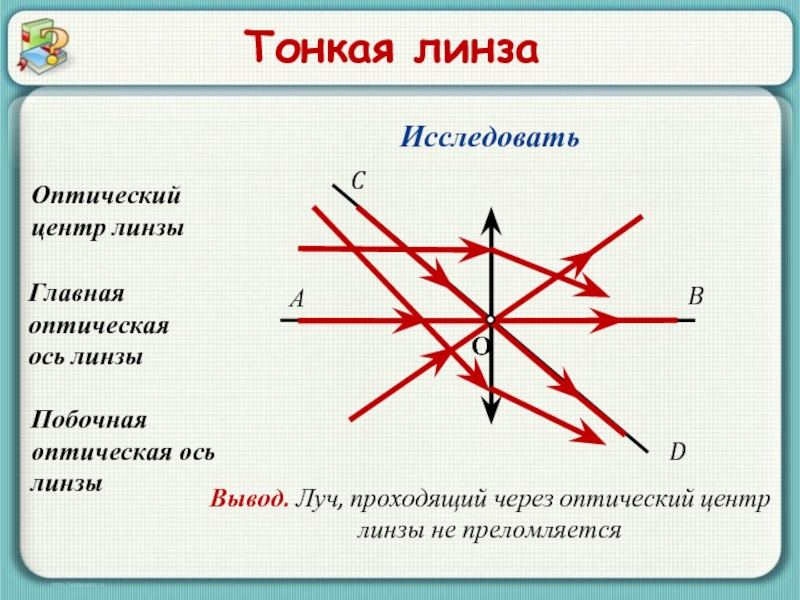 Главная оптическая ось тонкой линзы. Оптический центр тонкой линзы. Луч идущий через оптический центр линзы. Побочная оптическая ось. Луч проходящий через оптический центр линзы не преломляется.