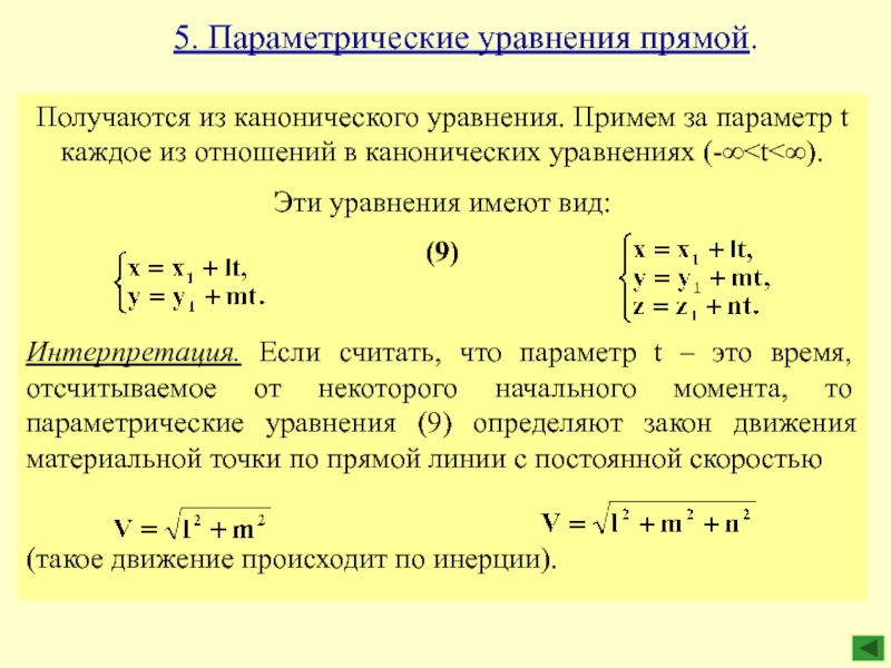 Параметрическое уравнение прямой проходящей через точку