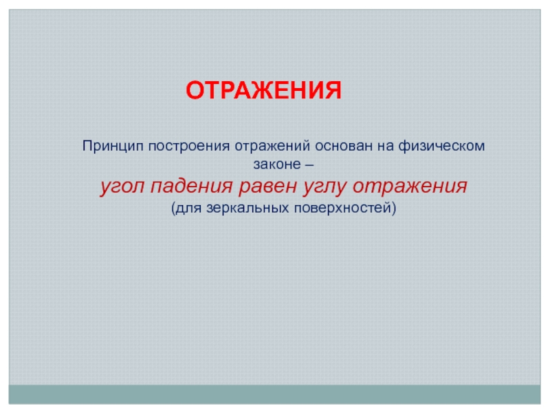 Презентация ОТРАЖЕНИЯ
Принцип построения отражений основан на физическом законе –
угол