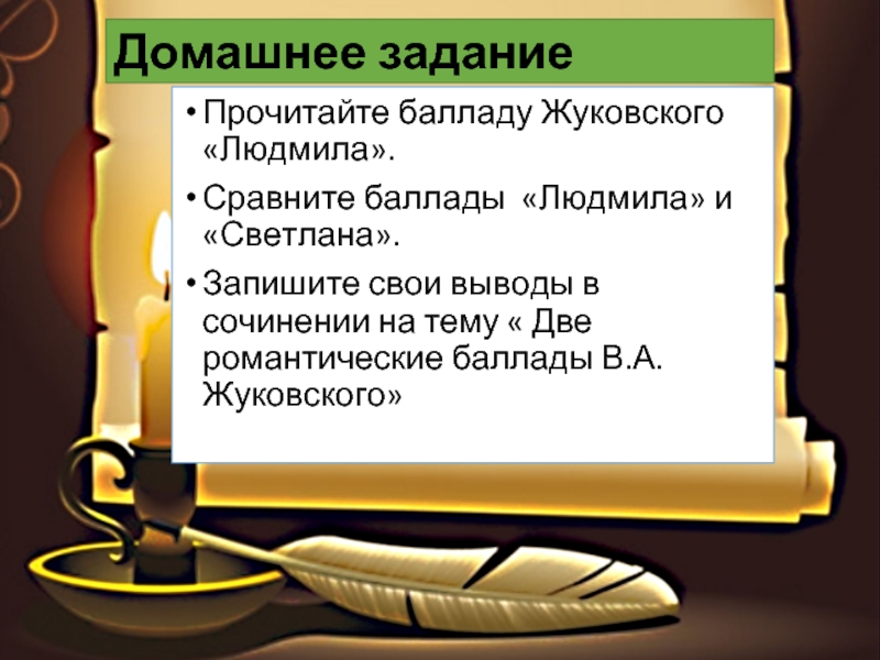 Домашнее задание Прочитайте балладу Жуковского «Людмила».Сравните баллады «Людмила» и «Светлана».Запишите свои выводы в сочинении на тему «