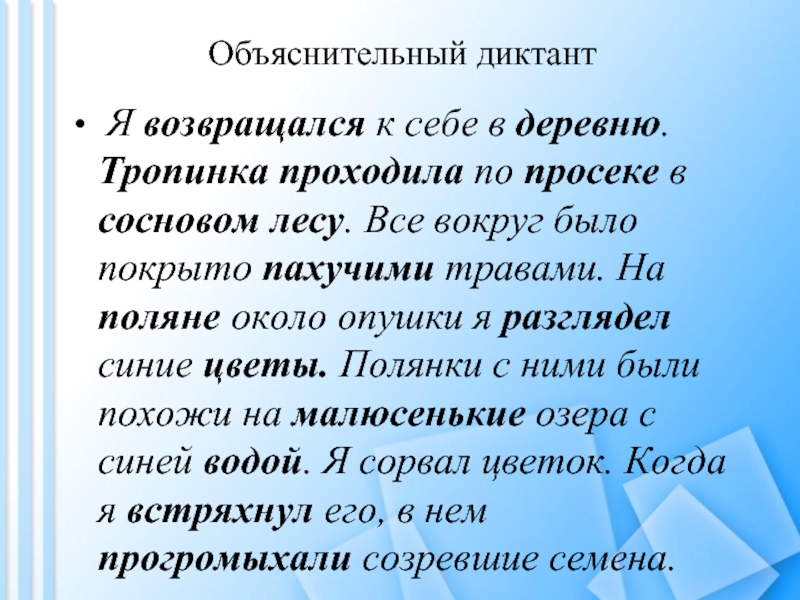 Объяснительный диктант. Я возвращался к себе в деревню тропинка проходила по просеке. Диктант я возвращался к себе в деревню. Текст я возвращался к себе в деревню.