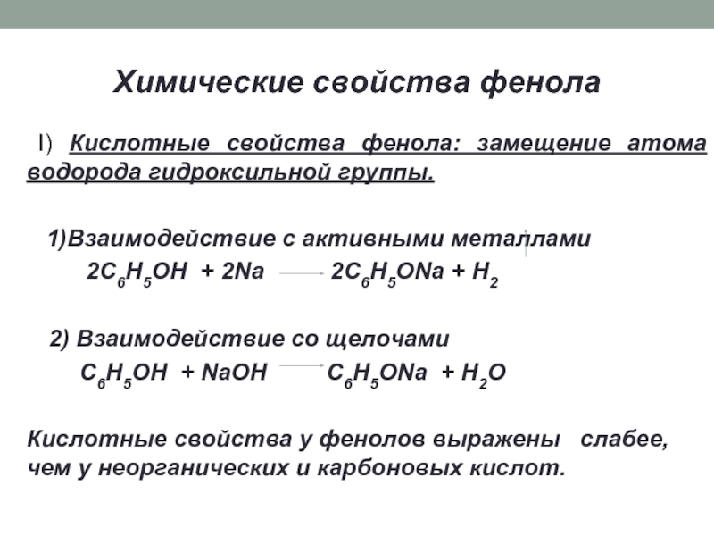 Слабые кислотные свойства фенола подтверждает реакция схема которой