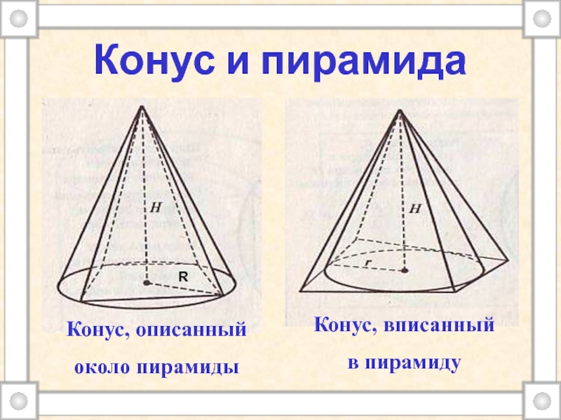 Конус описан около. Конус описанный около пирамиды. Разница между конусом и пирамидой. Комбинация геометрических тел презентация. Картинки задачи с пропусками конус и пирамида.