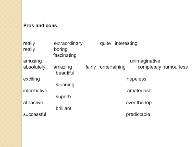 Pros and cons really              extraordinary             quite   interesting                 really              boring                      fascinating                            amusing                                           