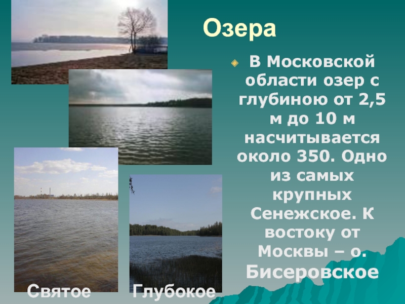ОзераВ Московской области озер с глубиною от 2,5 м до 10 м насчитывается около 350.
