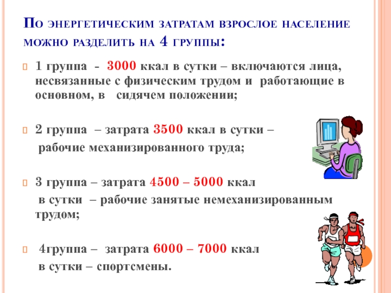 Активность другими словами. Энергетические затраты человека. Энергозатраты в сутки. Группы по энергозатратам. Группы населения по энергетическим затратам.