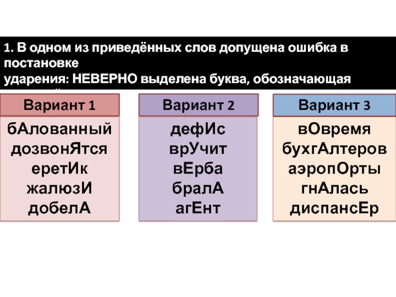 1. В одном из приведённых слов допущена ошибка в постановке ударения: НЕВЕРНО выделена буква, обозначающая ударный гласный