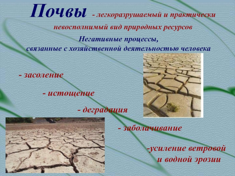 Процессы связанные с почвой. Эрозия почв, засоление, заболачивание, опустынивание.. Эрозия засоление и заболачивание почв это. Деградация почв засоление. Причины истощения почвенных ресурсов.