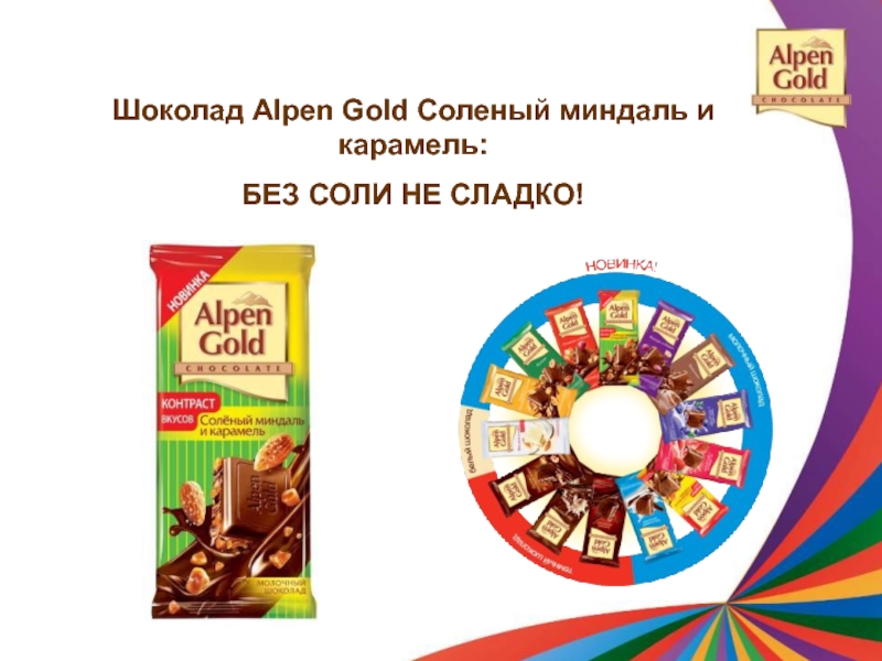 Презентация Шоколад Alpen Gold Соленый миндаль и карамель:
БЕЗ СОЛИ НЕ СЛАДКО!