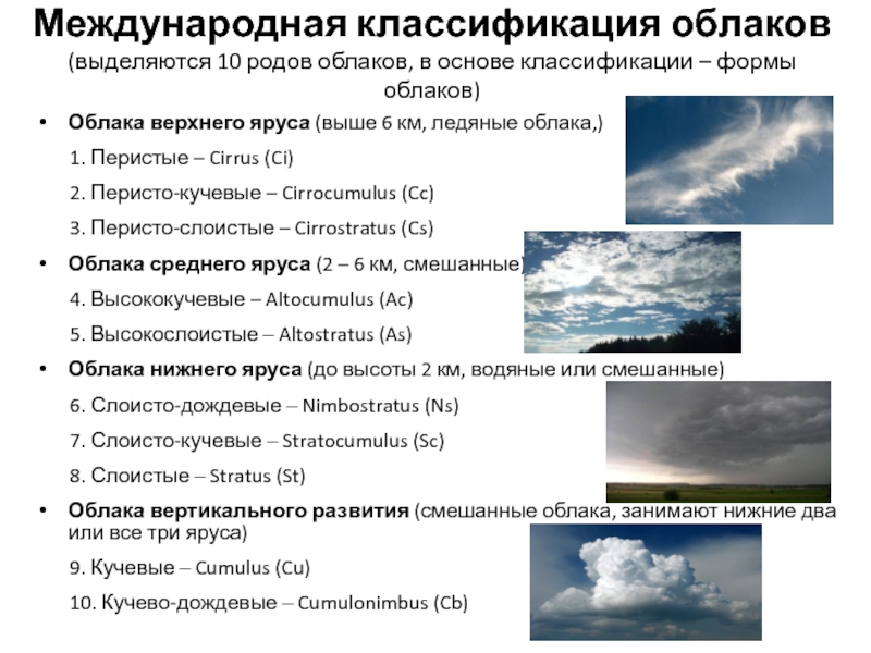 Высота облаков погода. Кучевые облака классификация облаков. Международная классификация облаков. Облака верхнего яруса. Облака верхнего среднего и Нижнего ярусов это.