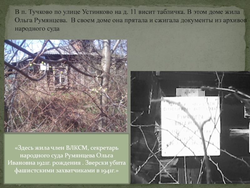 ТУЧКОВО В ГОДЫ ВЕЛИКОЙ ОТЕЧЕСТВЕННОЙ ВОЙНЫ В п. Тучково по улице Устинково на д. 11 висит табличка. В п. Тучково по улице Устинково на д. 11 висит табличка. В этом доме жила Ольга Румянцева.