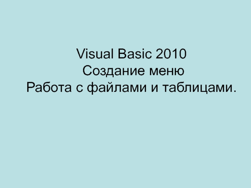 Visual Basic 2010 Создание меню Работа с файлами и таблицами