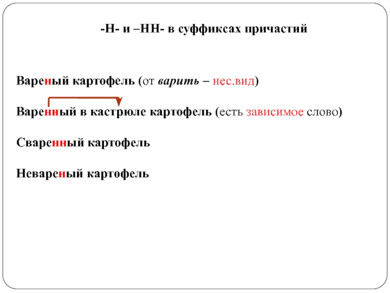 Проверочное слово к отварить картофель. Правописание гласной в суффиксах причастий. Гласные перед суффиксами причастий. Вареный Причастие. Слова сворю.