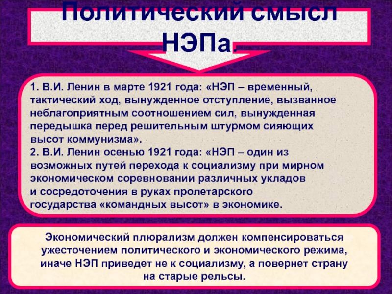 Объясните экономический и политический смысл. Политический смысл НЭПА. НЭП временное отступление Ленин. НЭП это вынужденное отступление временный отход. Ужесточение политического режима в стране период НЭПА.