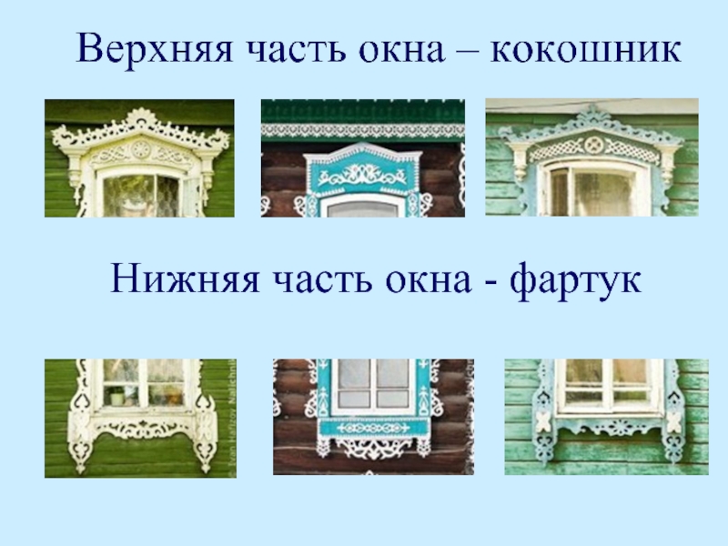 Урок окон. Окна глаза дома. Нижняя часть окна. Кокошник и фартук окна. Кокошник над окном.