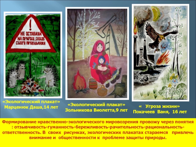 «Экологический плакат»Марценюк Даша,14 лет «Экологический плакат»Зольникова Виолетта,9 лет «  Угроза жизни» Покачеев Ваня, 16 лет Формирование