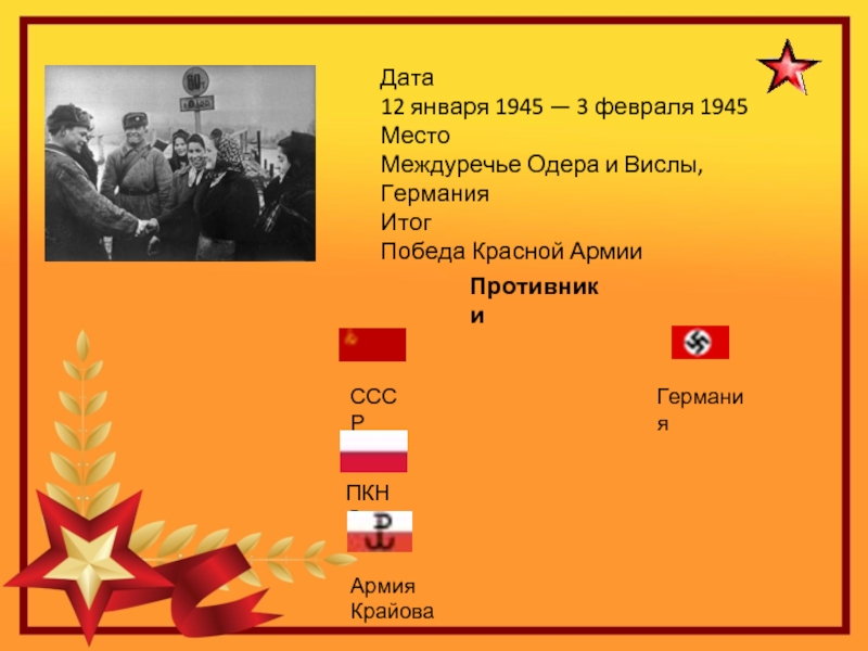 Дата	12 января 1945 — 3 февраля 1945Место	Междуречье Одера и Вислы, ГерманияИтог	Победа Красной АрмииПротивникиСССРГерманияПКНОАрмия Крайова