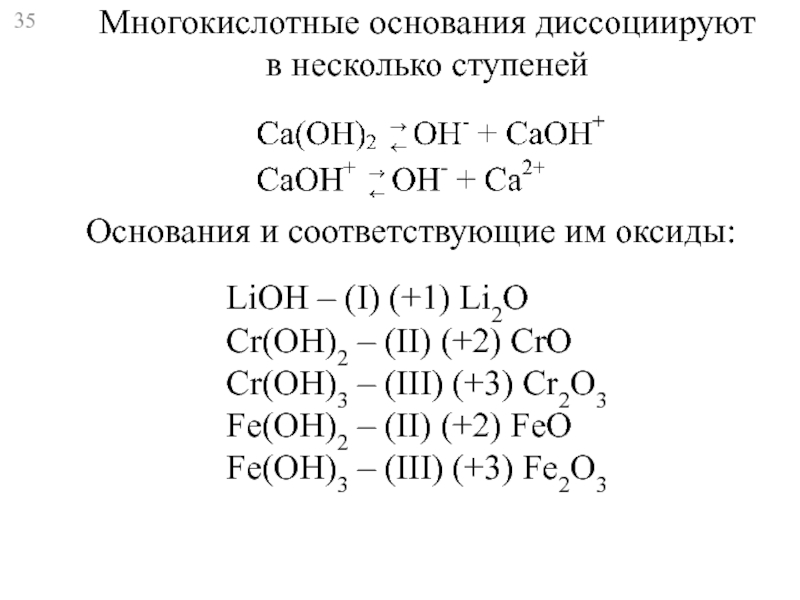 Cr oh 3 класс соединения. Ступенчатая диссоциация оснований. Химические свойства LIOH. Многокислотные основания. LIOH строение.