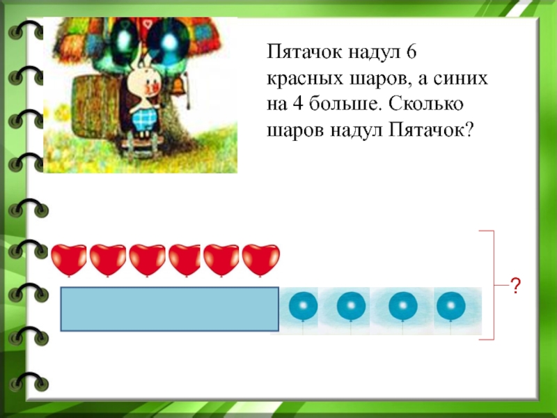 У пятачка было 10 воздушных шариков. На сколько больше красных шаров. Было 6 синих шариков у пятачка. Синих на 2 больше чем красных шаров. На сколько больше красных шаров чем синих схема.