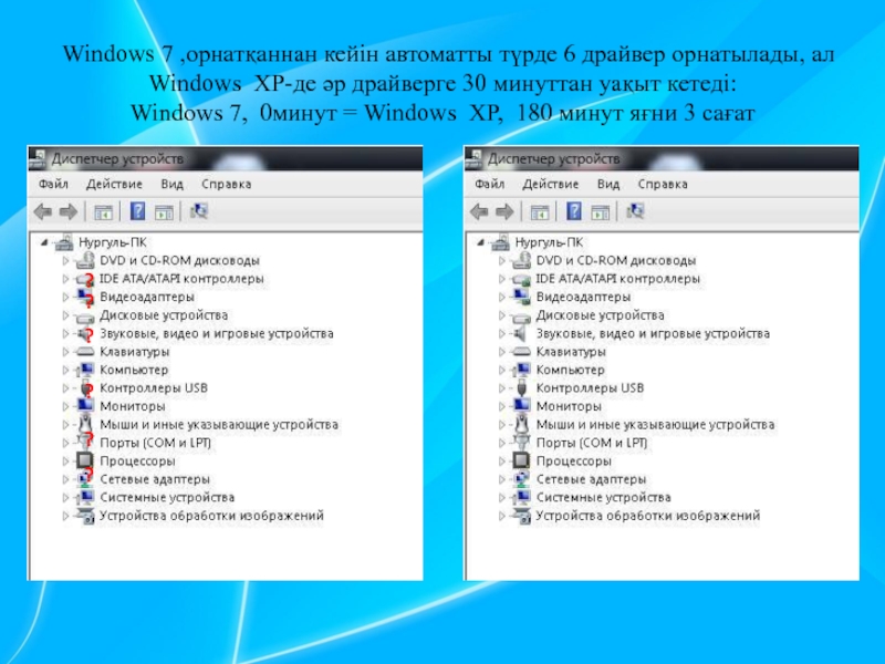 Windows 7 ,орнатқаннан кейін автоматты түрде 6 драйвер орнатылады, ал Windows XP-де әр драйверге 30 минуттан