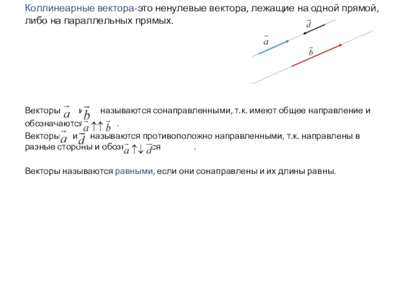 Коллинеарные вектора-это ненулевые вектора, лежащие на одной прямой, либо на параллельных прямых.Векторы     и