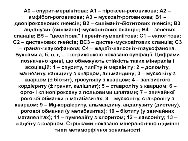 Мінералогія Павлишин В.І. Лекція 2 2 А0 – спурит-мервінітова; А1 – піроксен-роговикова; А2 – амфібол-роговикова; А0 – спурит-мервінітова; А1 – піроксен-роговикова; А2 – амфібол-роговикова; А3 – мусковіт-роговикова; В1 –