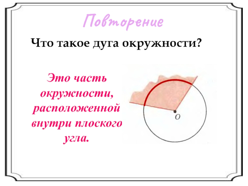 Найди окружности что такое окружность. Плоский угол в окружности. Что называется дугой окружности.