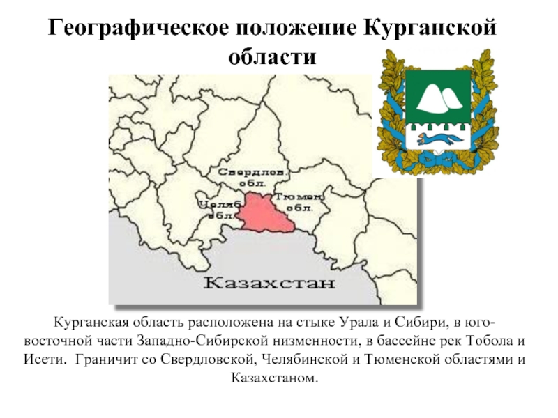 Курганская область расположена на стыке Урала и Сибири, в юго-восточной части Западно-Сибирской низменности, в бассейне рек Тобола