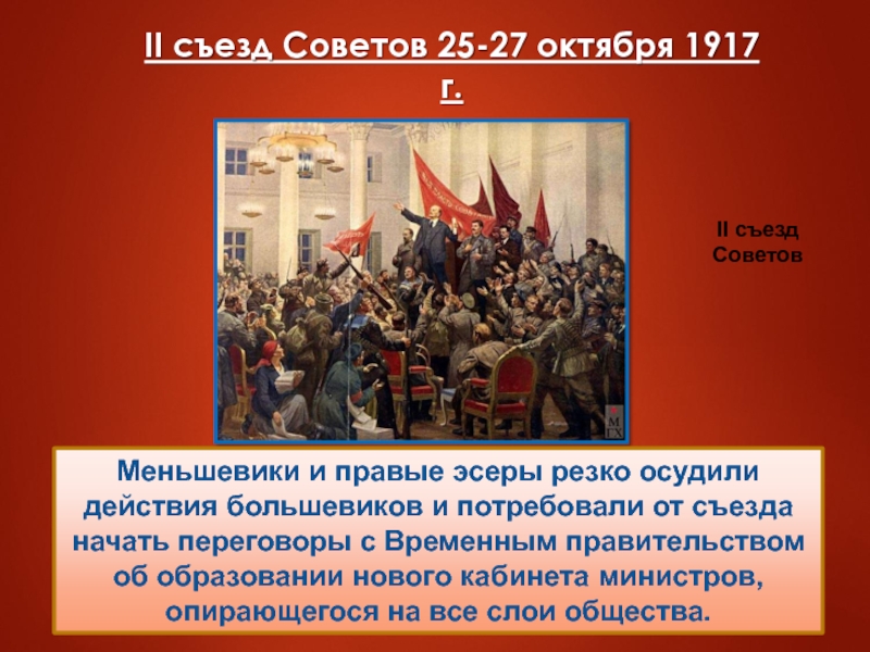 Вечером 25 октября открылся II Всероссийский съезд Советов рабочих и солдатских депутатов. Большинство составляли большевики и левые