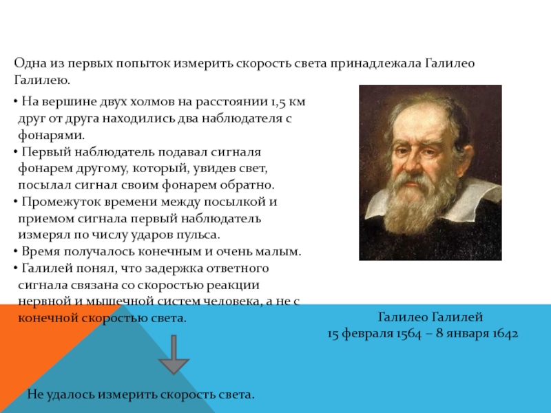Одна из первых попыток измерить скорость света принадлежала Галилео Галилею.Галилео Галилей 15 февраля 1564 – 8 января