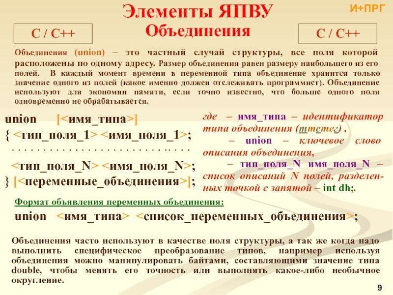 Объединение имен. Элементы структуры ЯПВУ. Переменную типа объединения Union. Объединения с++ Union. Объединение это и или или.