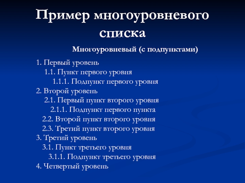 Подпункты в презентации