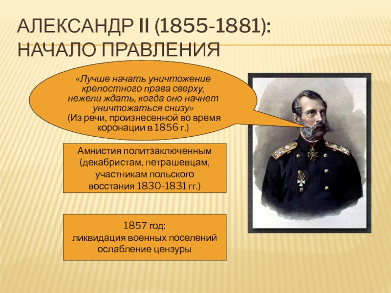 Александр II (1855-1881):  начало правления«Лучше начать уничтожение крепостного права сверху, нежели ждать, когда оно начнет уничтожаться