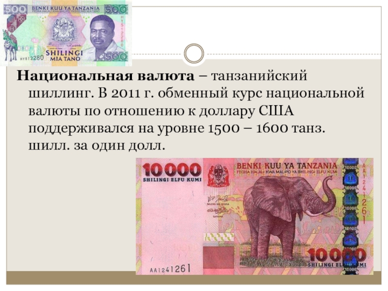 Национальная валюта – танзанийский шиллинг. В 2011 г. обменный курс национальной валюты по отношению к доллару США поддерживался на