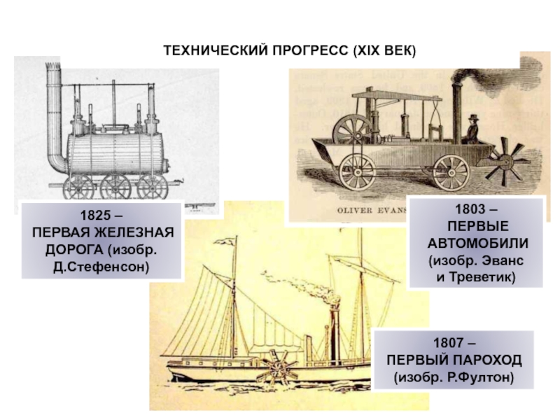 Технический прогресс 19 века. 1825 – Первая железная дорога (изобр. Д.Стефенсон). 1807 – Первый пароход (изобр. Р.Фултон). 1803 – Первые автомобили (изобр. Эванс и Треветик). Пароходы 19 века.