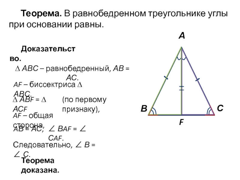Теорема. В равнобедренном треугольнике углы при основании