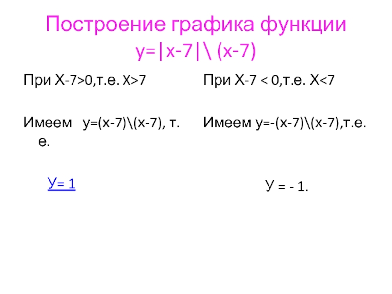 Построение графика функции y=|x-7|\ (x-7)При Х-7>0,т.е. X>7 Имеем  у=(х-7)\(х-7), т.е.    У= 1При Х-7